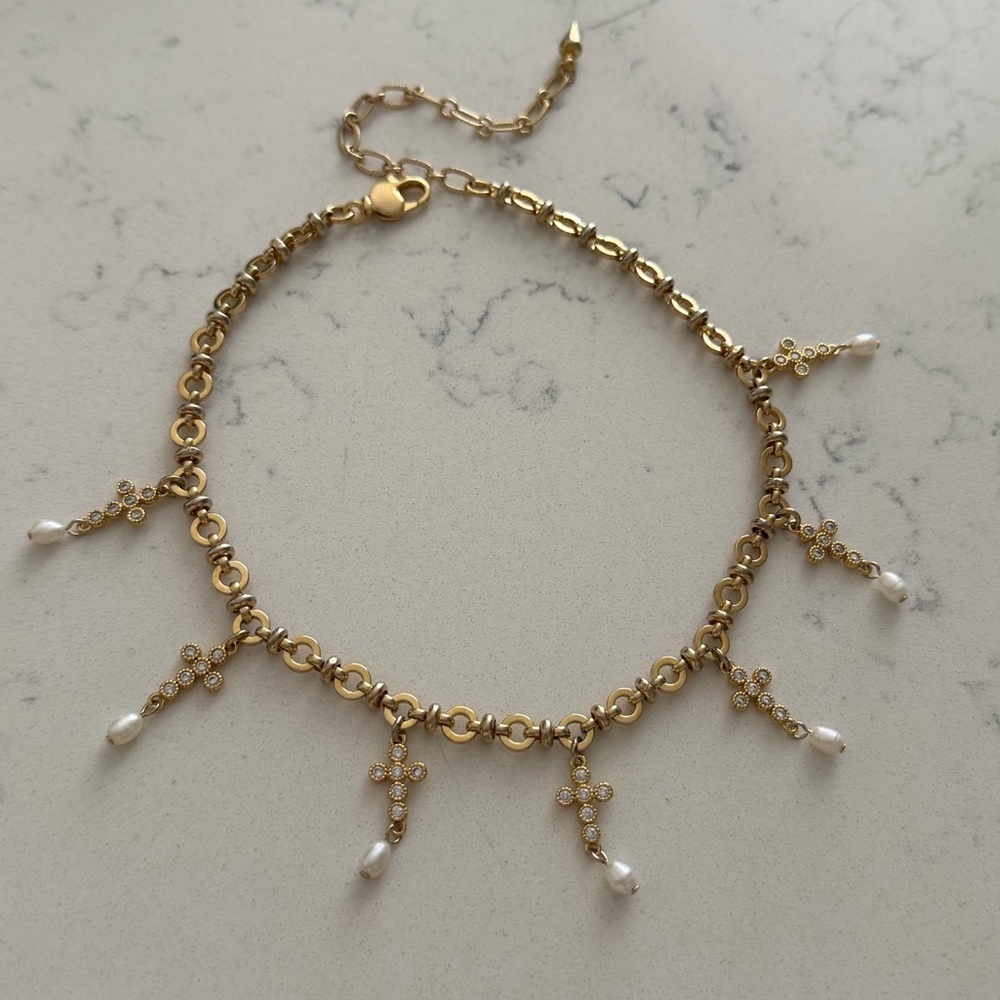 Cross Necklace Pearl Drop Charms Adjustable Chain Necklace